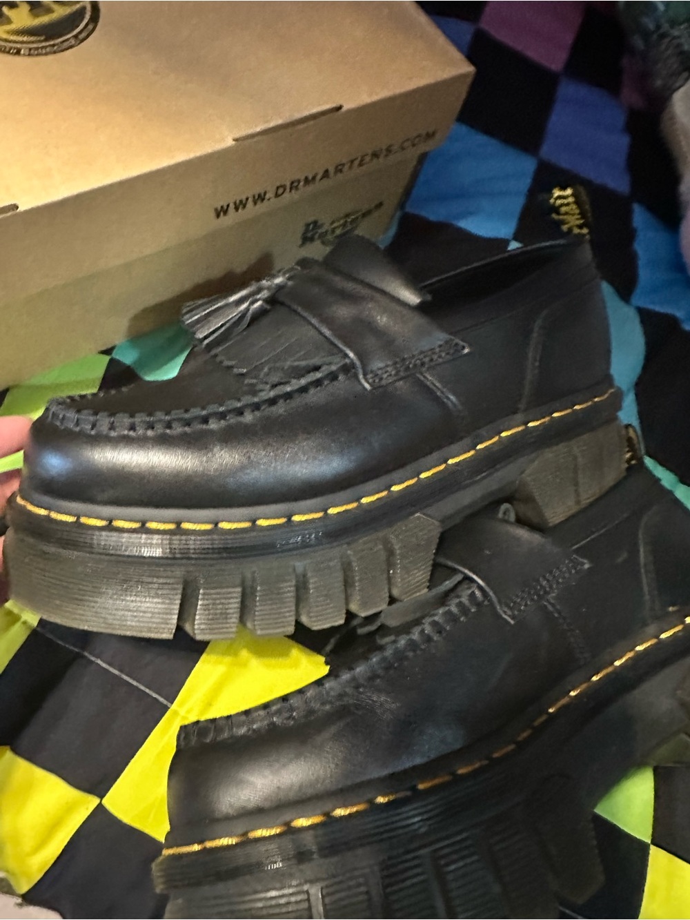 Dr. Martens Black Leather Tassel Kiltie Loafers with Yellow Stitching - Picture 5 of 6